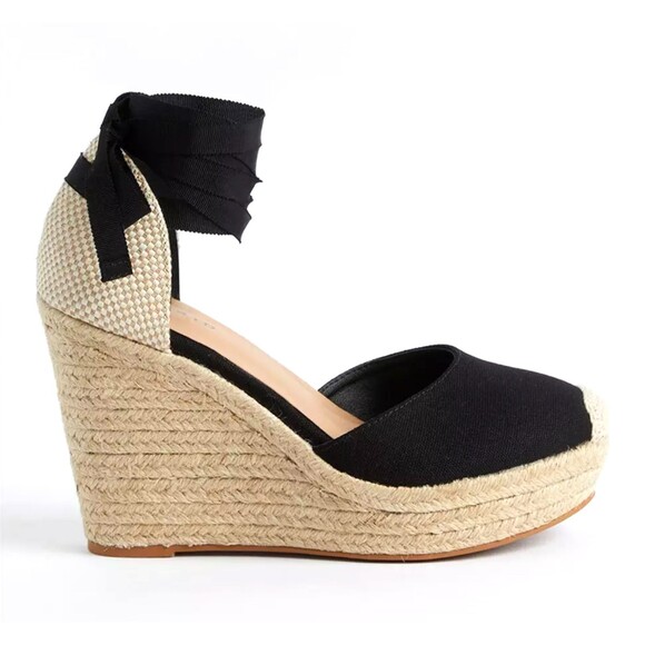 Torrid Canvas Espadrille Platform Wedge Size 11 WW Extra Wide Black Ankle Tie - Picture 3 of 6